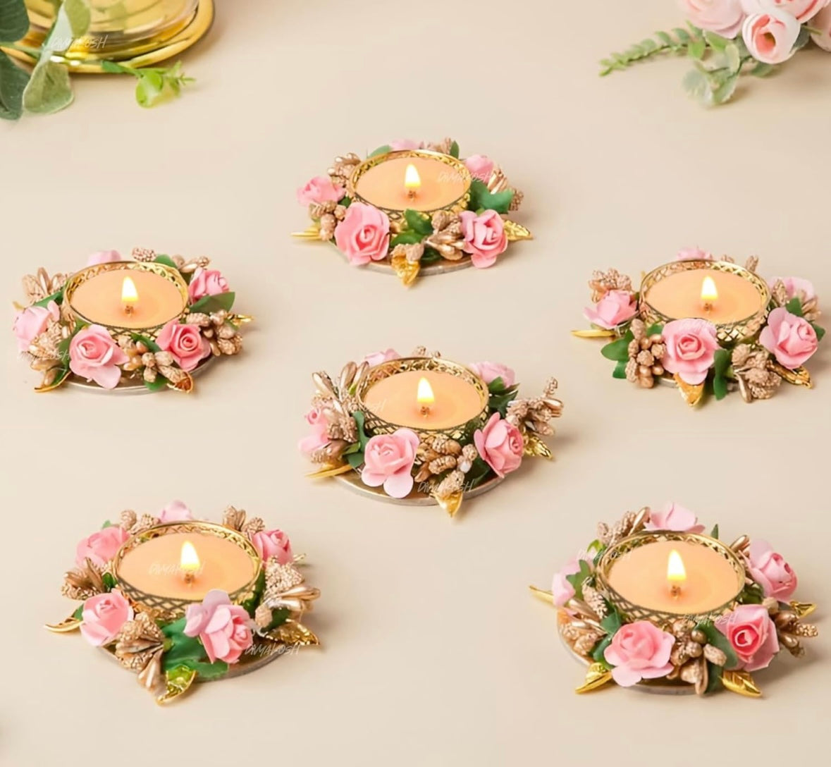 Flower Tea Light Holder Set of 6 Pcs with Wax Candle, Light Candle Holder Stand for Diwali, Rangoli, Handmade Tlight for Deepawali Decoration, Diya for Home Decor|Designer Candle Holders