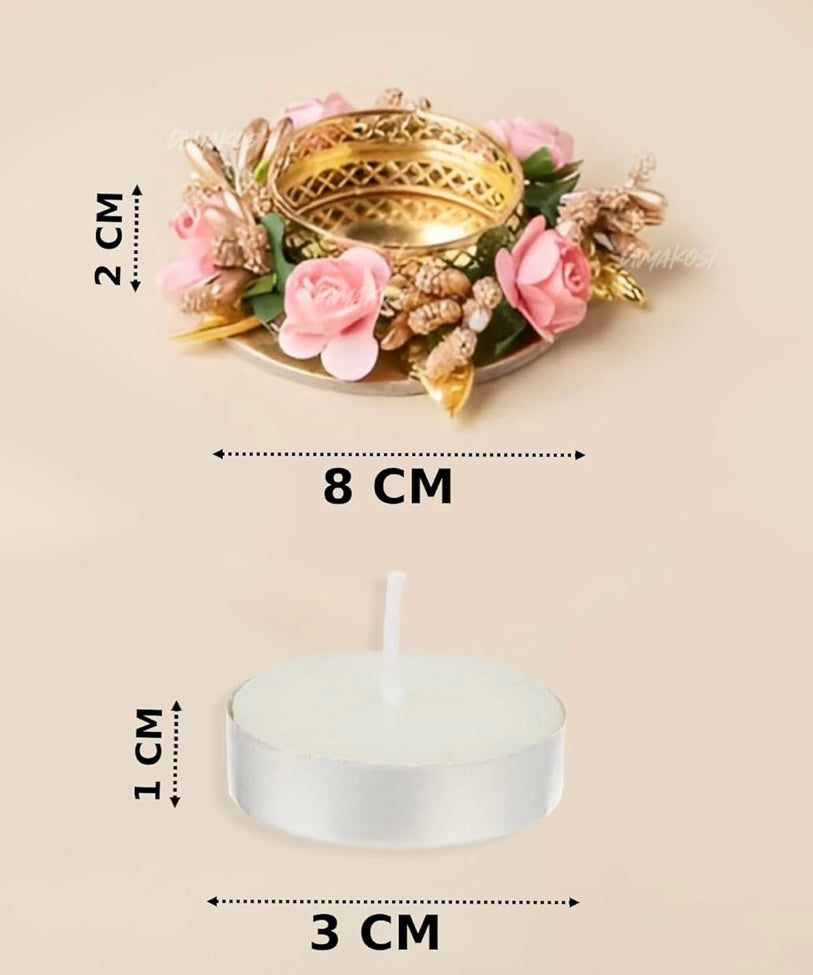 Flower Tea Light Holder Set of 6 Pcs with Wax Candle, Light Candle Holder Stand for Diwali, Rangoli, Handmade Tlight for Deepawali Decoration, Diya for Home Decor|Designer Candle Holders