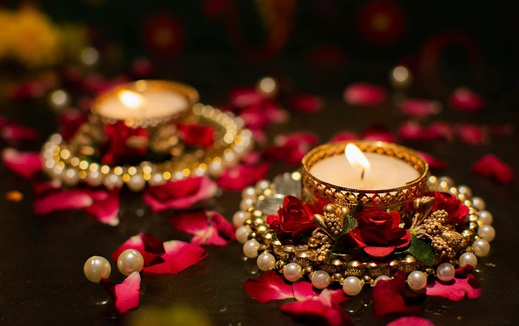 Metal Tea Light Candle Holder And Diwali Decoration Items Traditional Designer Golden Diya With Red Flowers For Home Décor Set Of 2