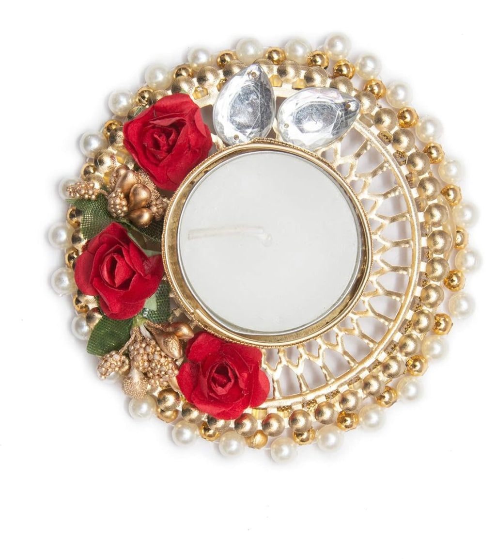 Metal Tea Light Candle Holder And Diwali Decoration Items Traditional Designer Golden Diya With Red Flowers For Home Décor Set Of 2