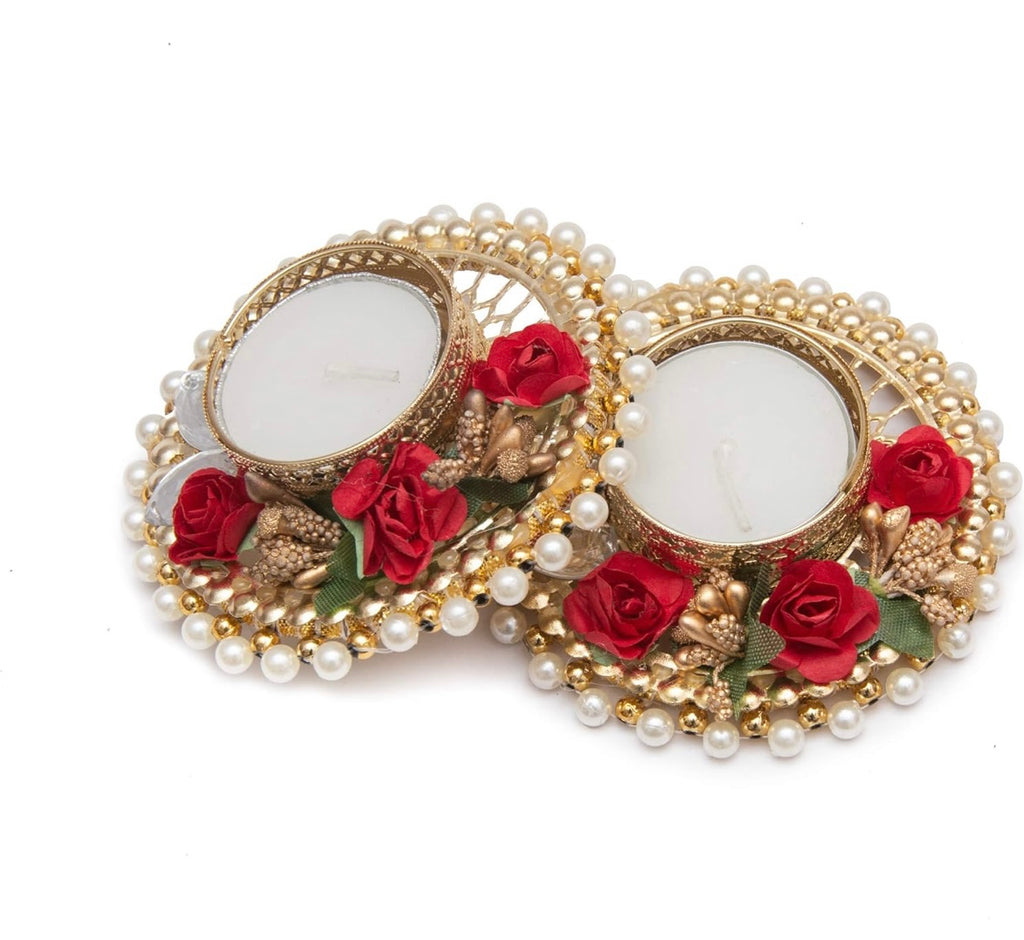 Metal Tea Light Candle Holder And Diwali Decoration Items Traditional Designer Golden Diya With Red Flowers For Home Décor Set Of 2
