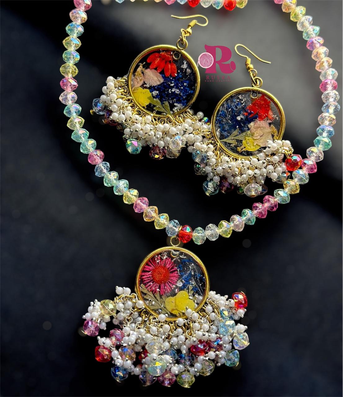 Handcrafted Floral Resin Jhumka Earrings with neckpis